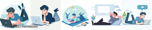 vector of a man lying down relaxing facing a laptop