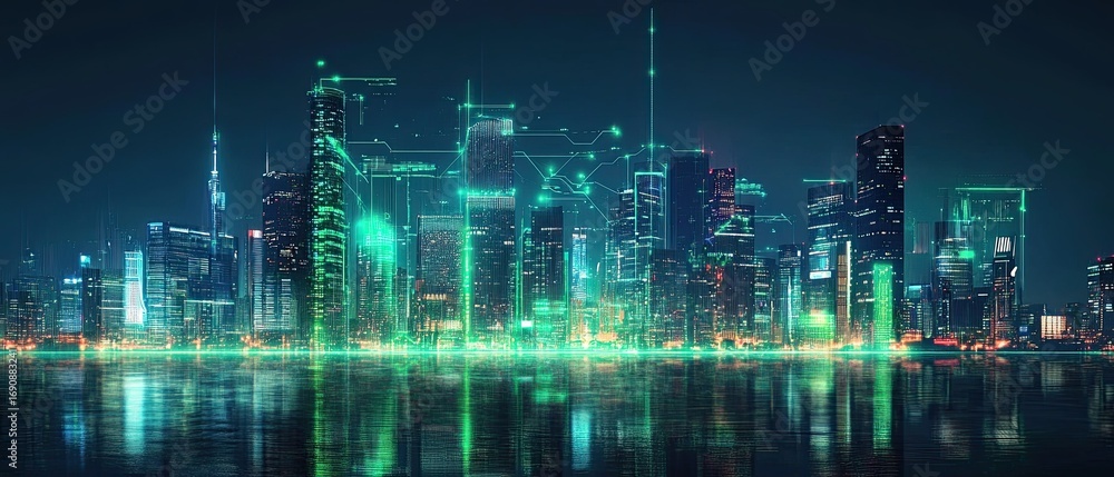 Fototapeta premium Futuristic Cityscape with Digital Network Overlay and Water Reflections at Night