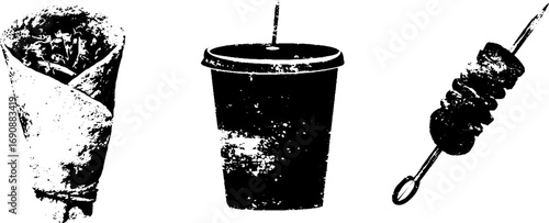 Grunge black and white food illustration set featuring shawarma, beverage, and skewer design