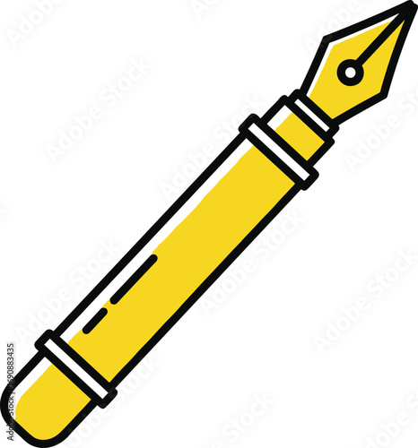 Yellow fountain pen, writing instrument, calligraphy tool, office stationery, elegant nib, classic design, drawing tool, cad drawing flat vector illustration