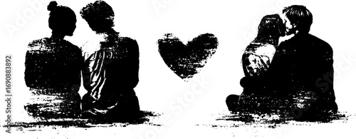 Romantic couple silhouettes with grunge heart design for valentine's day