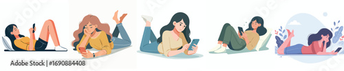 vector of a woman lying down relaxing facing a cellphone screen