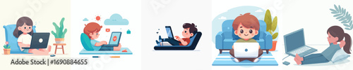 vector of a little boy lying down relaxing facing a laptop