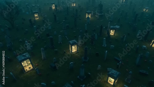 Aerial View of Illuminated Graveyard at Dusk