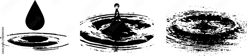 Naklejka premium Black and white grunge water droplet and ripple illustration set for design