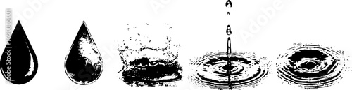 Grunge black and white water drops and ripples set for design and decoration