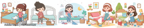 vector of a little girl cleaning the bed