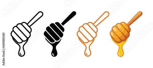 Four honey dippers with dripping honey isolated on transparent background