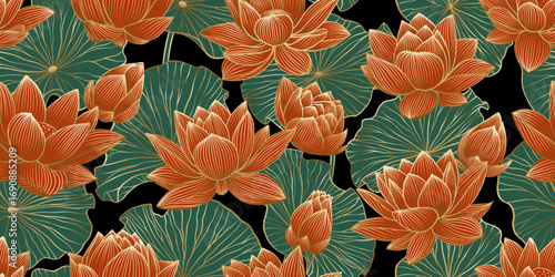 Chinese seamless pattern with lotuses. Gold line drawing of lotus flowers and leaves on a light background. Hand drawn botanical elegant golden waterlily flower in line art style