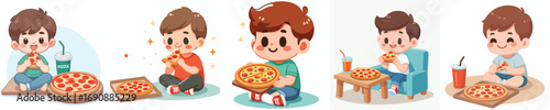 vector of a cute little boy eating pizza