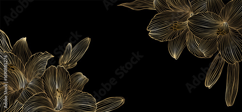 Luxury Wedding invitation card with gold outline lily on dark black background. design greeting card of wedding, birthday, Valentine Day, mother day, anniversary, holiday party