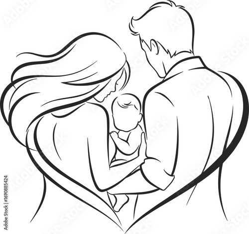 family love, heart symbol, parents with baby, emotional bonding, line drawing, vector illustration, black and white, unity concept, nurturing moment,