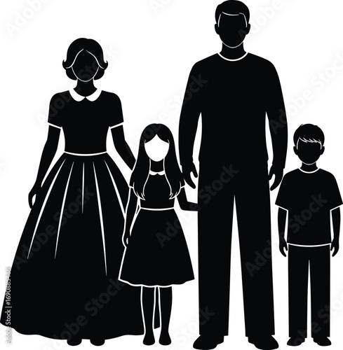 family silhouette, parents with children, classic representation, black vector illustration, white background, unified symbol, generational bonding,