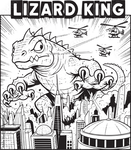 Lizard King Monster Illustration – Giant Reptile Destroying City Comic Art
