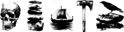 Grunge black and white skull, stones, viking ship, axe, and crow illustration set for design projects