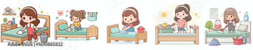vector of a little girl cleaning the bed