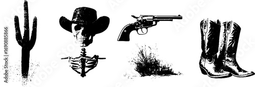 Western grunge elements: skeleton cowboy, cactus, gun, and boots for urban design