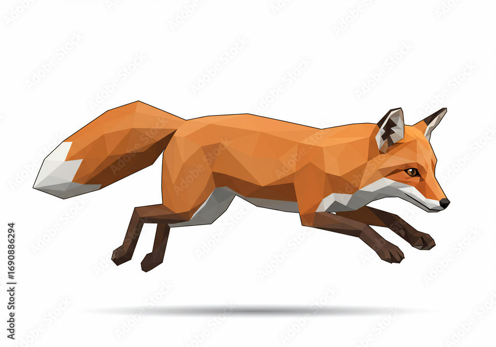 Fototapeta premium Low poly illustration of a red fox leaping forward with its tail extended, isolated on a white background.
