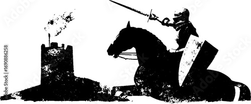 Grunge black and white illustration of armored knight battling at fortress for vintage design