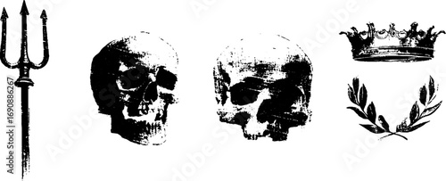 Grunge black and white skull set with trident, crown, and laurel elements for vintage design