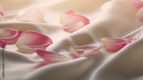 Closeup of delicate pale pink rose petals resting on smooth cream satin surface in soft daylight with romantic ambiance and subtle shadows