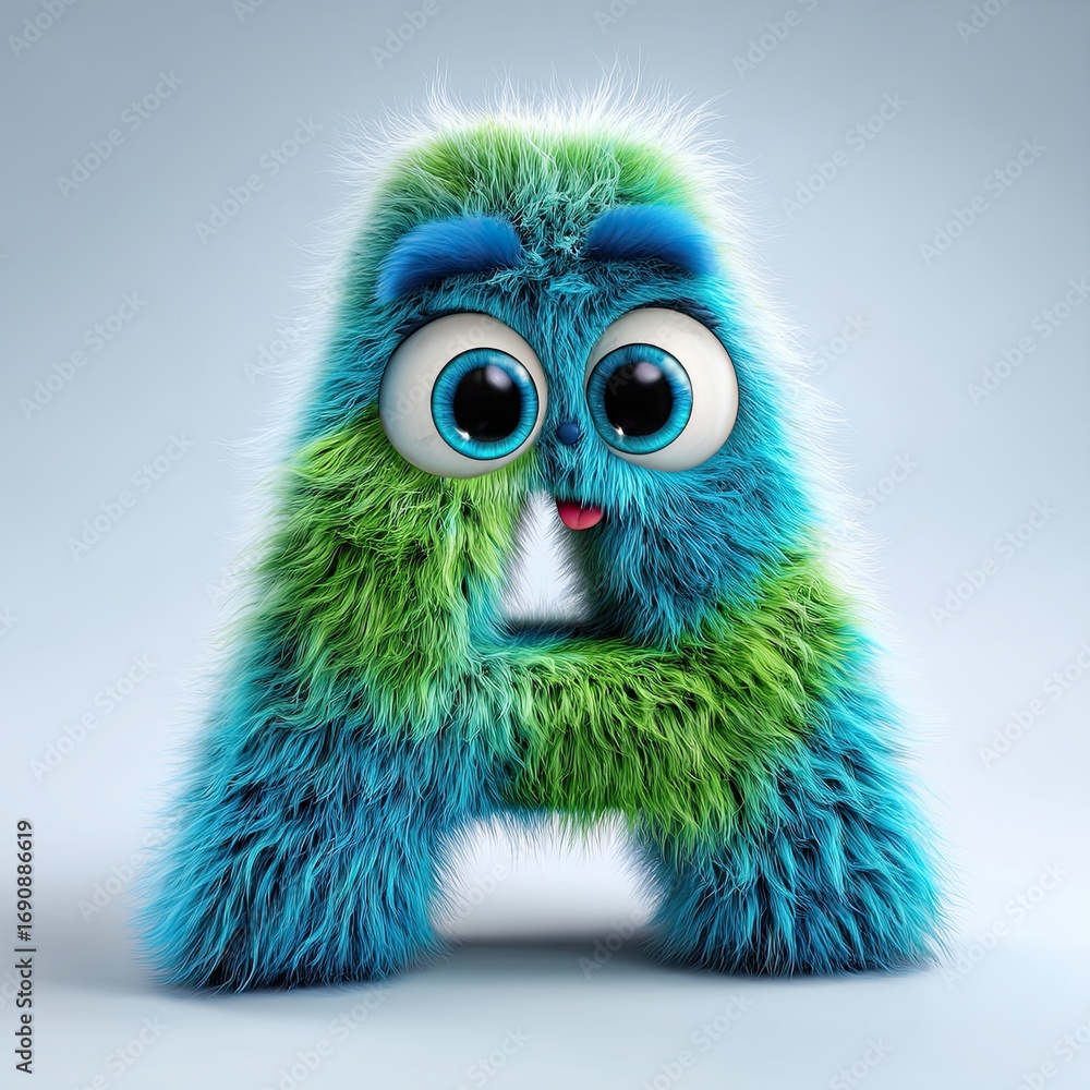 Fototapeta premium Cute fluffy 3D letter A character with big eyes and colorful fur in blue and green. This image is used for education, kids design, alphabet projects, games, learning tools, and creative art.