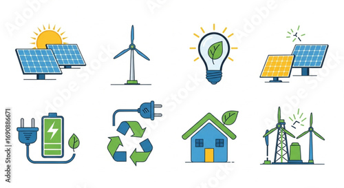 Colorful collection of line icons representing renewable energy sources and environmental sustainability, perfect for illustrating eco-friendly power and green living concepts