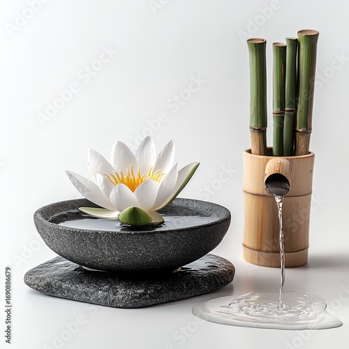 Zen Water Fountain with Lily Pad Flower, Bamboo, Peaceful Still Life Composition