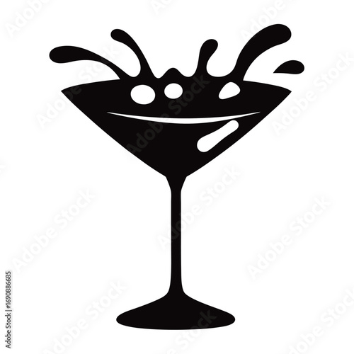 Black silhouette shows liquid splashing from the rim of a cocktail glass on white