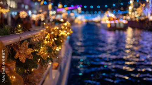 Golden Garland and Ornaments on Boat Railing with Sparkling Christmas Lights During Winterfest Boat Parade by Waterfront at Night