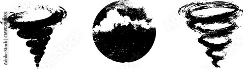 Distressed black and white grunge set featuring tornado shapes for urban design