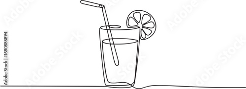 Continuous one line drawing of a refreshing summer drink in a tall glass with lemon slice and straw, minimalist black and white illustration