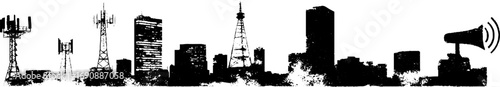 Urban grunge cityscape silhouette with communication towers and skyscrapers