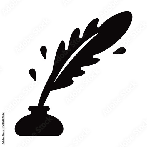 Inkwell holds a quill with some ink drops in black on a white background