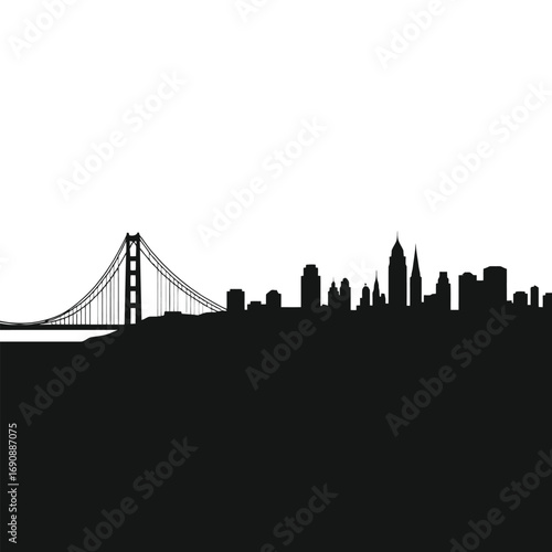 San Francisco skyline with Bay Bridge silhouette over water in California USA