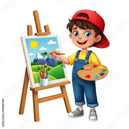 Happy cartoon boy artist painting a vibrant landscape on an easel with a palette and brush. Cute kid learning art.