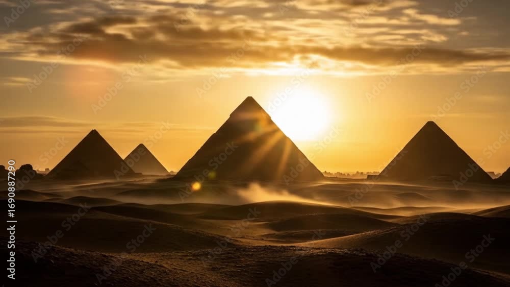 Iconic great pyramids of giza stand against the deserts glowing sunset ...