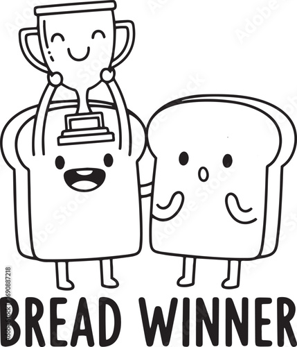 Bread Winner Funny Bread Pun Illustration – Cute Toast Characters with Trophy