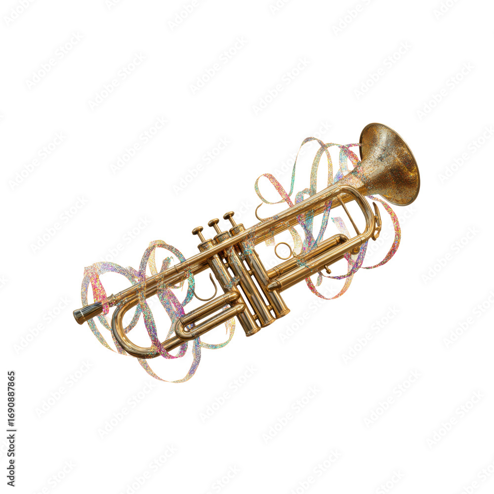 Obraz premium Golden Trumpet with Festive Confetti Trails - Musical Instrument Stock Photo