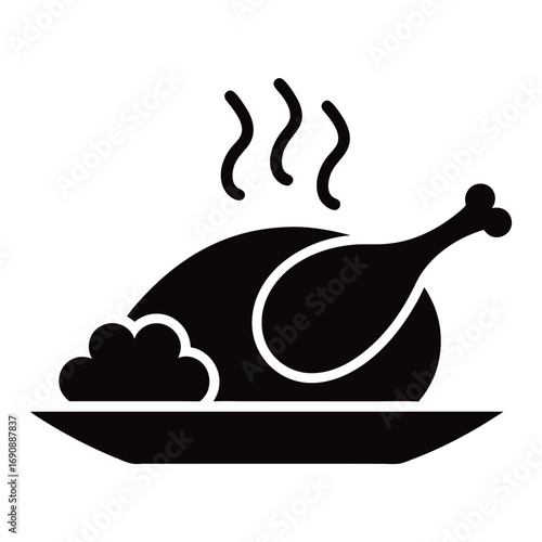 Steaming roasted turkey on platter conveys culinary aroma in a clean black silhouette