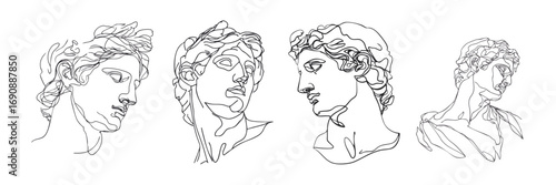 Minimal line art illustration of a greek statue heads