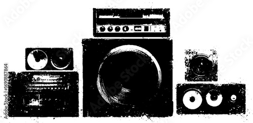 Grunge black and white speaker illustration set for urban design projects