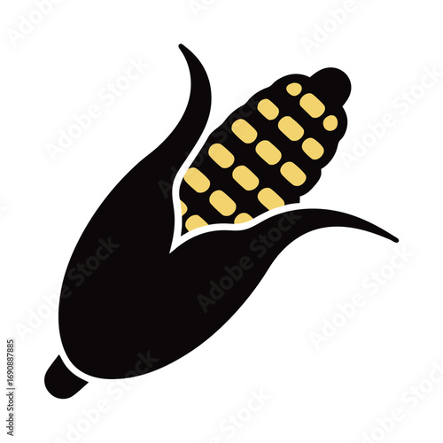 Stylized corn cob showcases dark husk and golden kernels against a transparent backdrop