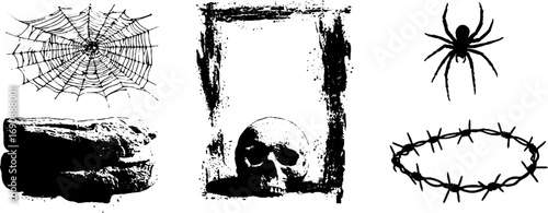Grunge black and white spider set with skull, barbed wire, and web elements for urban design