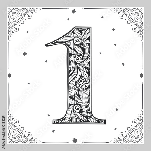 Black and White Ornamental Number 1 with Swirl Patterns - AI Generated