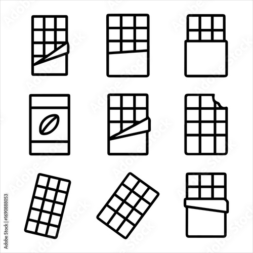 Nine Bold Line Art Chocolate Bar Icons Wrapped Unwrapped and Bitten.