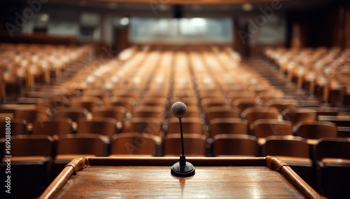 Empty auditorium with podium and microphone