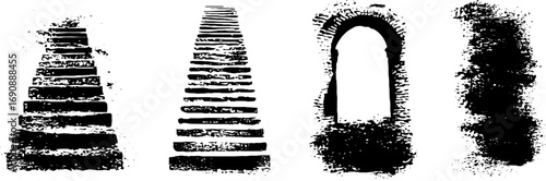 Grunge black and white spiral set - urban stairway and archway designs for creative projects