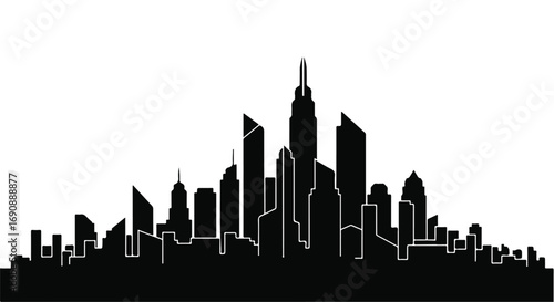 Modern city skyline silhouette against a bright sky, symbolizing urban growth and progress.