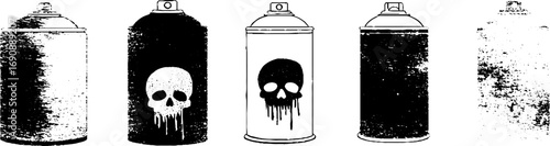 Grunge black and white spray can set with skull designs for urban art and decor